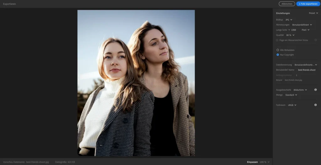The export settings in Lightroom for the best image quality on Instagram. Example based on a portrait of two models.