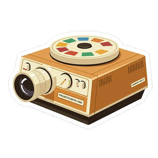 a carousel projector sticker from the 70s, illustrating the presentation slide creator automation